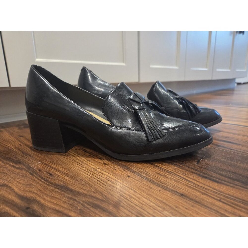 Marc Fisher Black Leather Tassel Block Heel Loafers